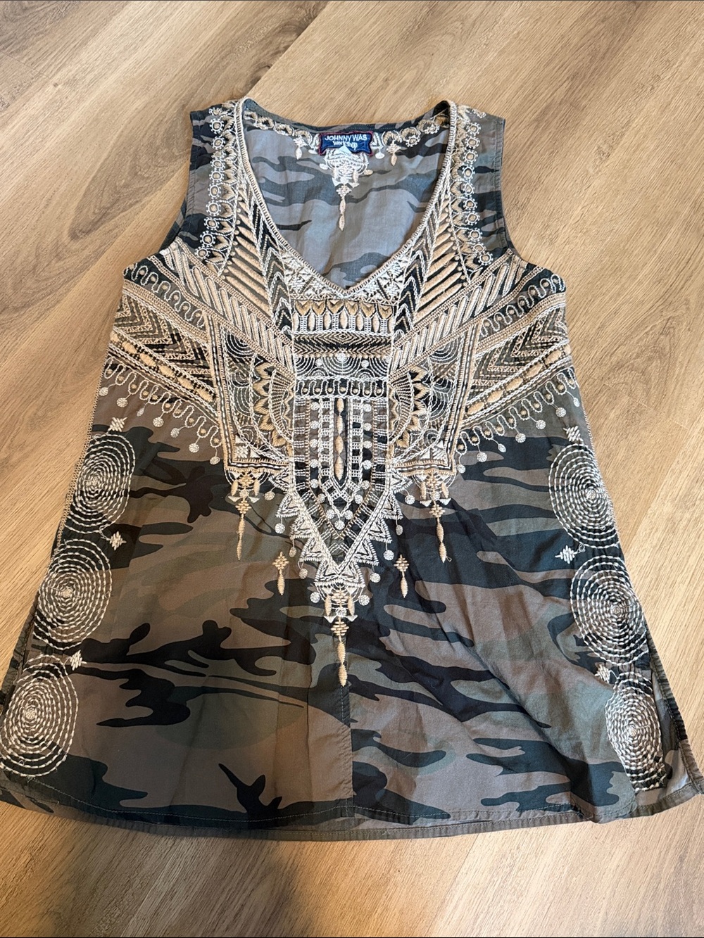 Johnny Was Olive & Black Camo Embroidered V-Neck Tank -1